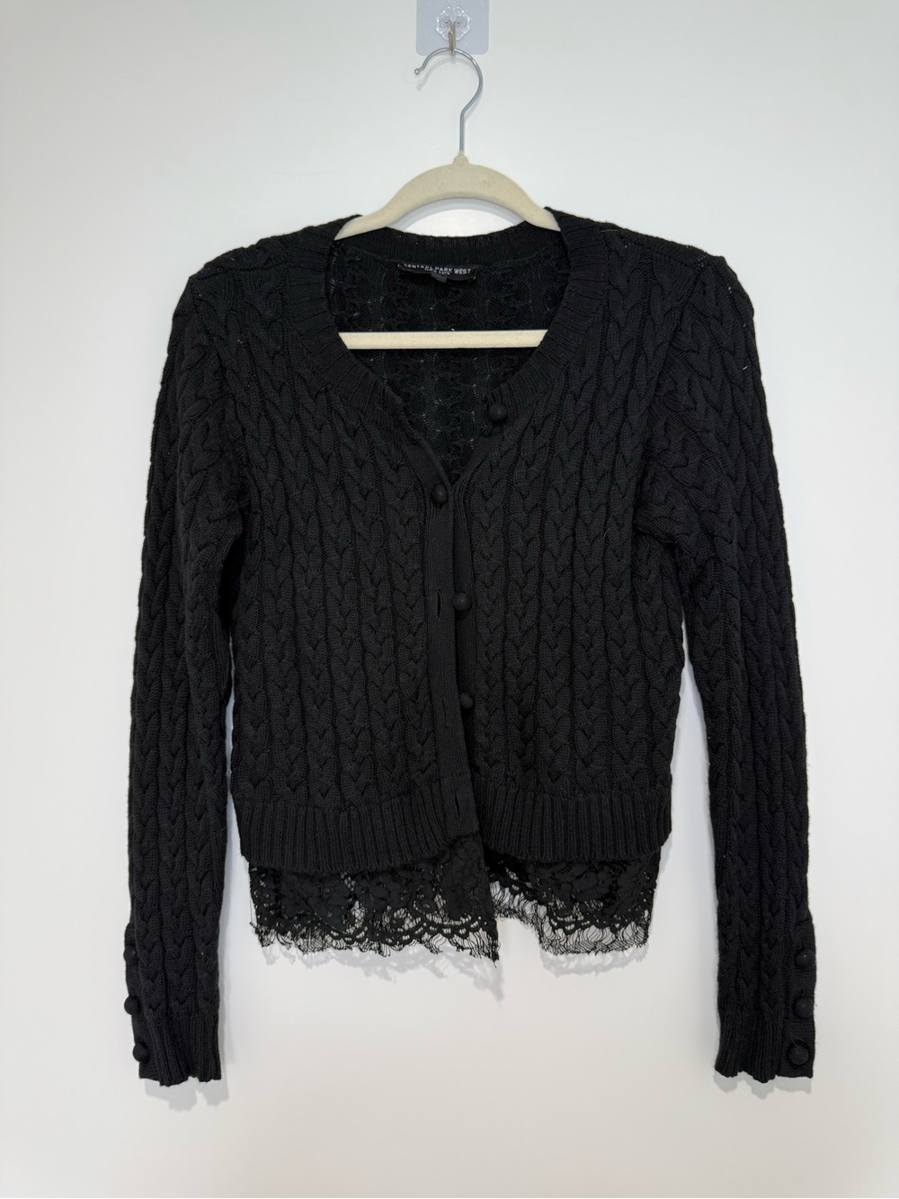 Central Park West Black Cable-Knit Lace-Hem Cardigan